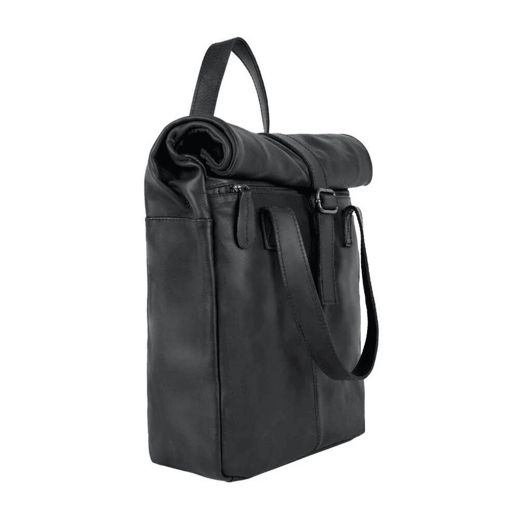 Black Leather Vintage Style Roll Top Backpack