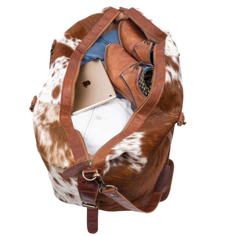 Brown and White Cowhide Leather Duffle Bag