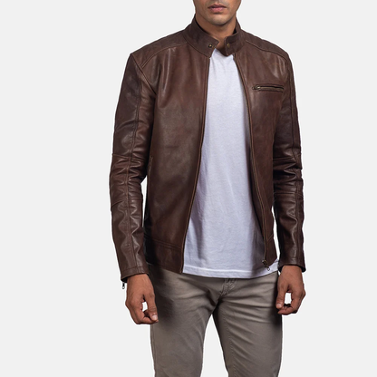 Men's Brown Leather Biker Jacket front view