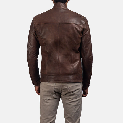 Men's Brown Leather Biker Jacket back view
