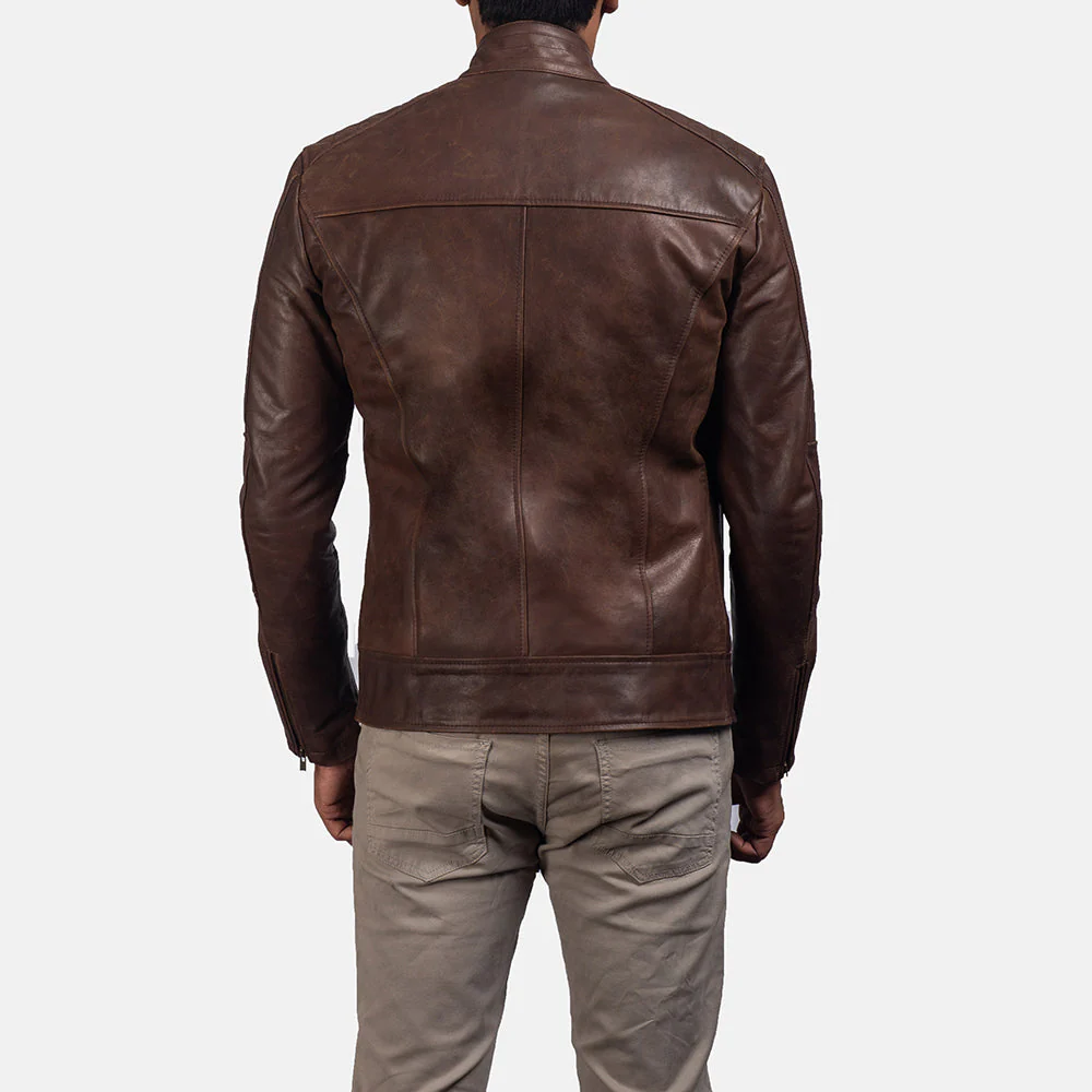 Men's Brown Leather Biker Jacket back view