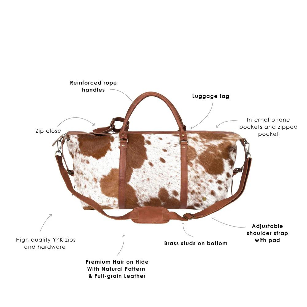 Brown and White Cowhide Leather Duffle Bag