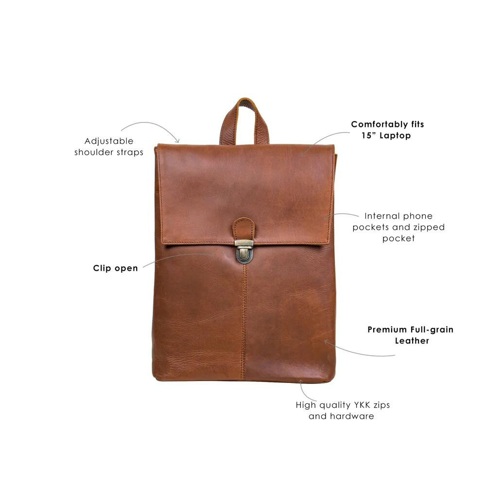 Brown Square Leather Backpack For Work