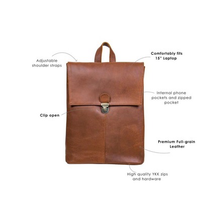 Brown Square Leather Backpack For Work