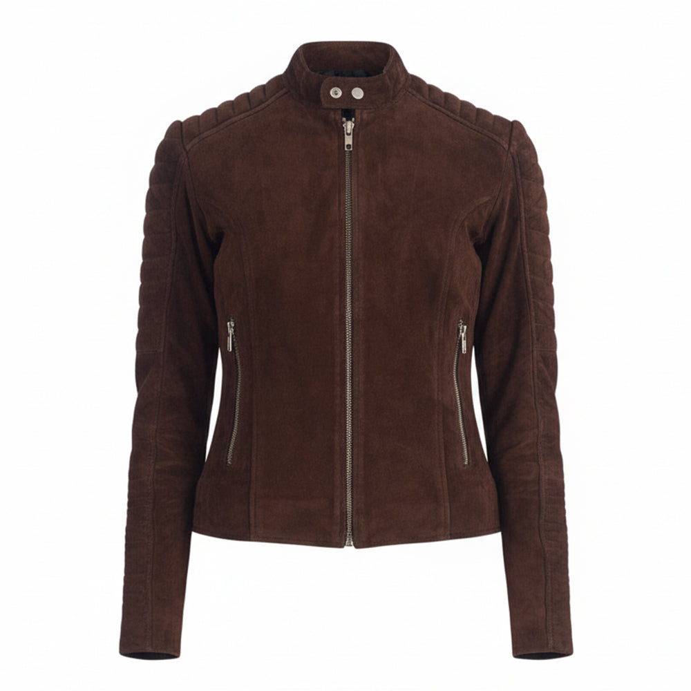 جاكيت راكبي الدراجات النارية من أدالين مبطن من جلد الغزال بلون موكا 