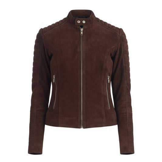 아달린 퀼팅 모카 스웨이드 바이커 재킷 