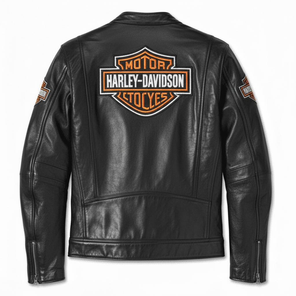 Black leather Harley-Davidson jacket with logo on a white background