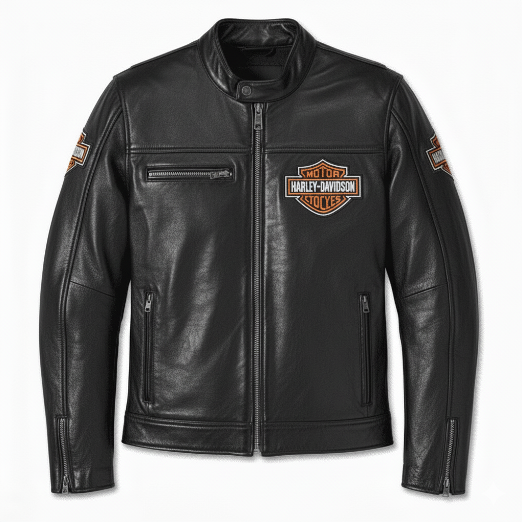 Black leather jacket with Harley-Davidson logo on a white background