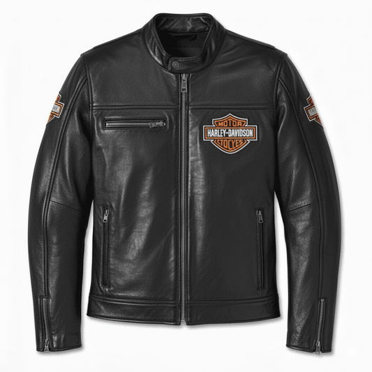 Black leather jacket with Harley-Davidson logo on a white background