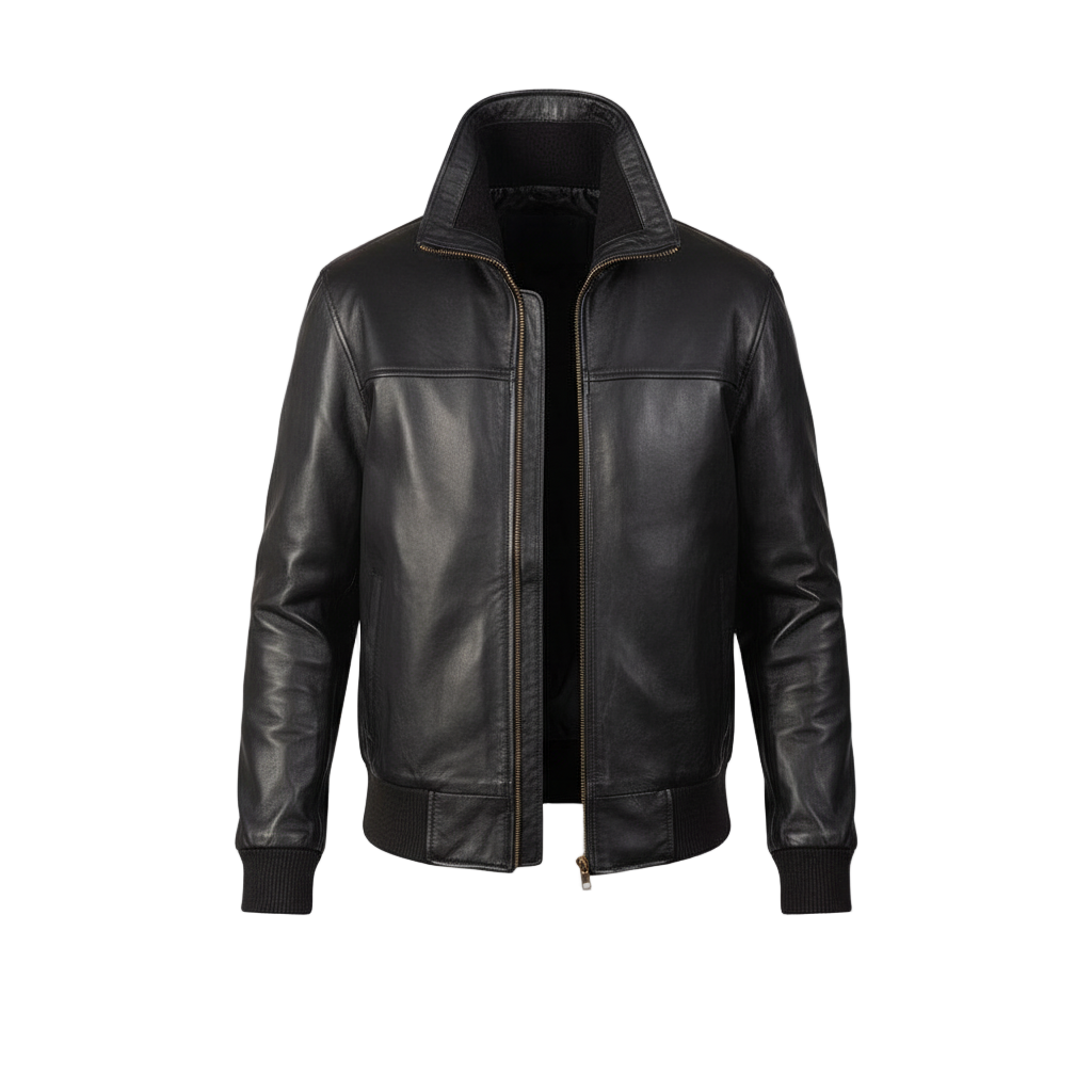 Black leather jacket on a white background