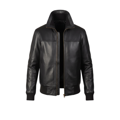 Black leather jacket on a white background