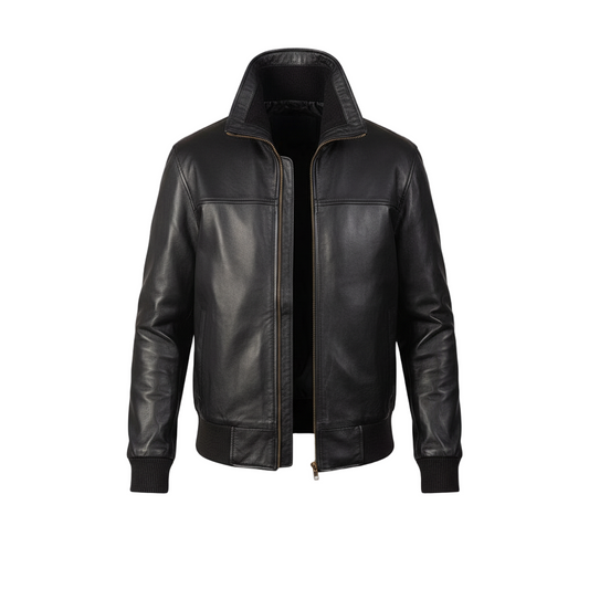 Black leather jacket on a white background