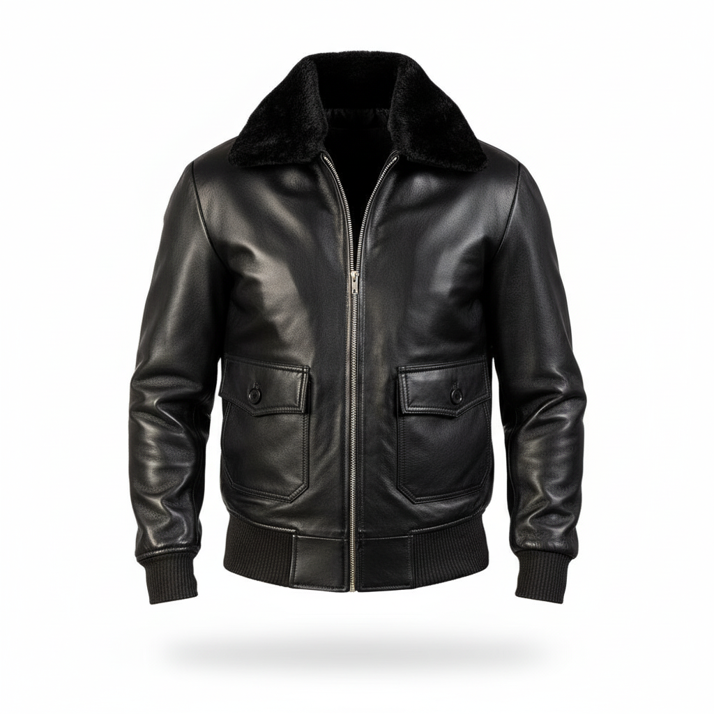 Black leather jacket with fur collar on a white background