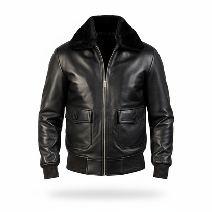 Black leather jacket with fur collar on a white background