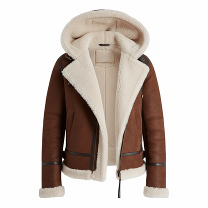 Brown leather jacket with white fur lining on a white background