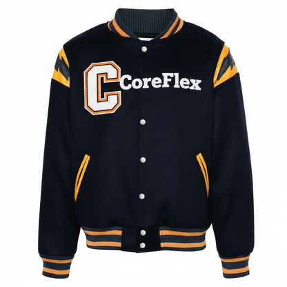 Black letterman jacket with 'CoreFlex' branding on a white background