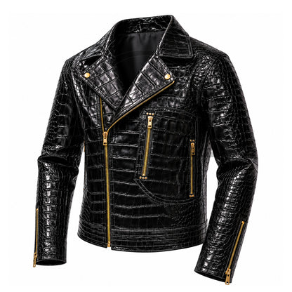 Black Crocodile Leather Biker Jacket