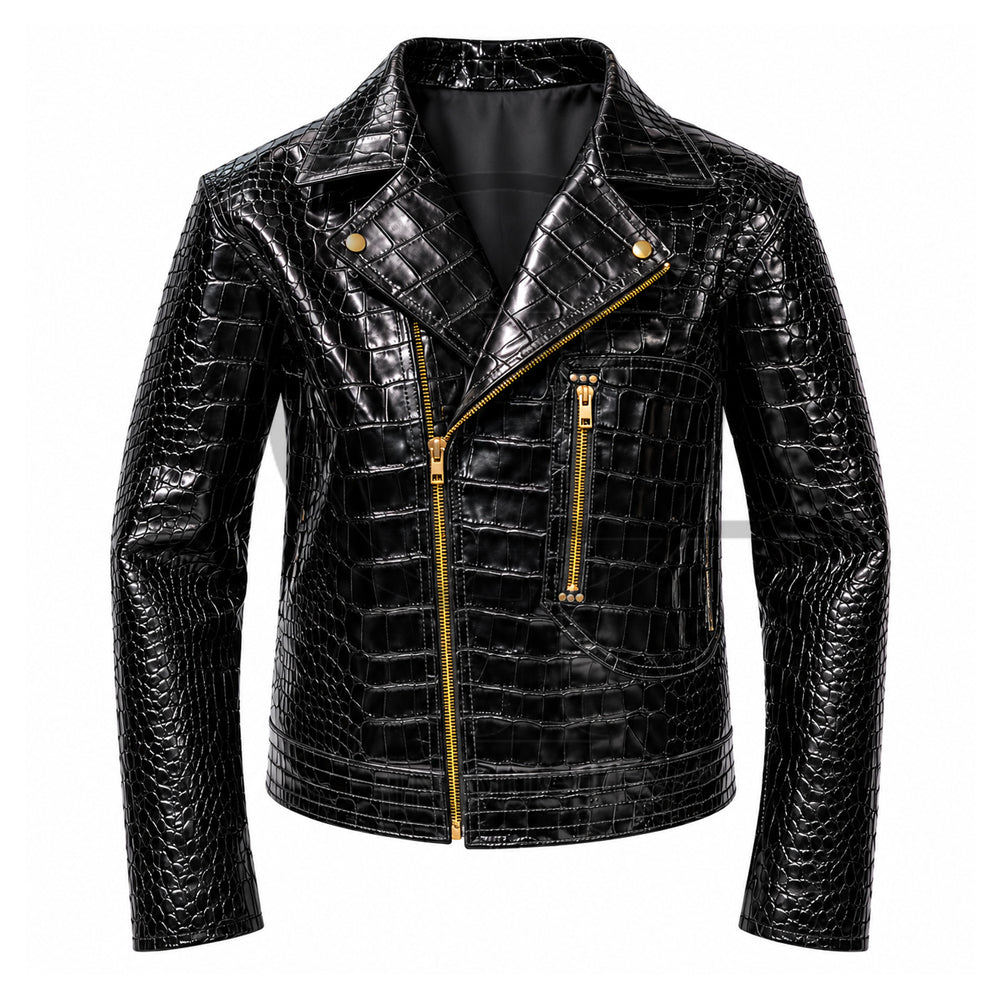 Black Crocodile Leather Biker Jacket