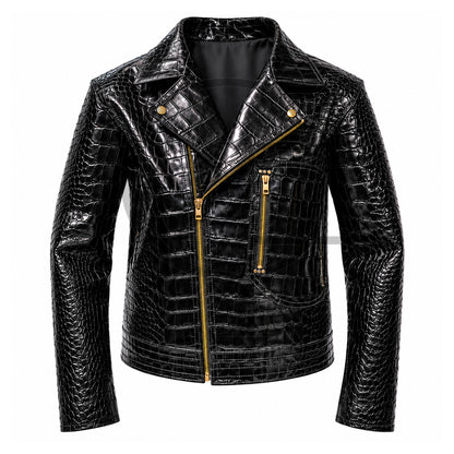 Black Crocodile Leather Biker Jacket