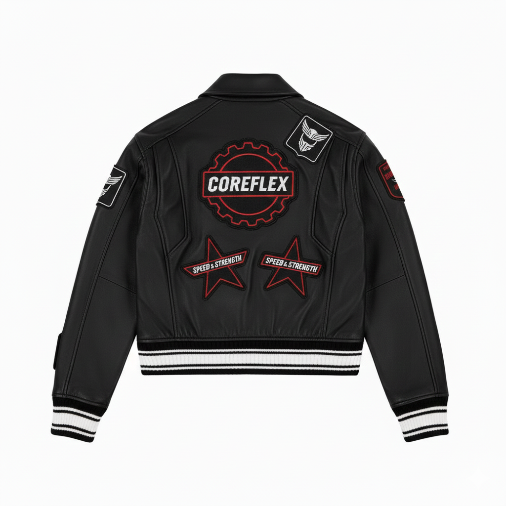 Black jacket with various patches on a white background