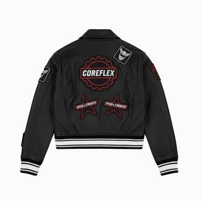 Black jacket with various patches on a white background