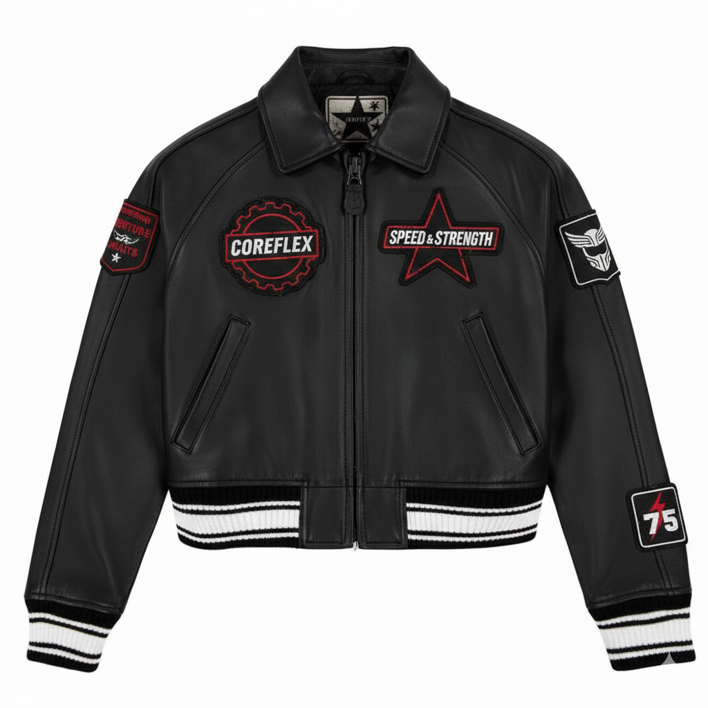 Black leather jacket with various patches on a white background