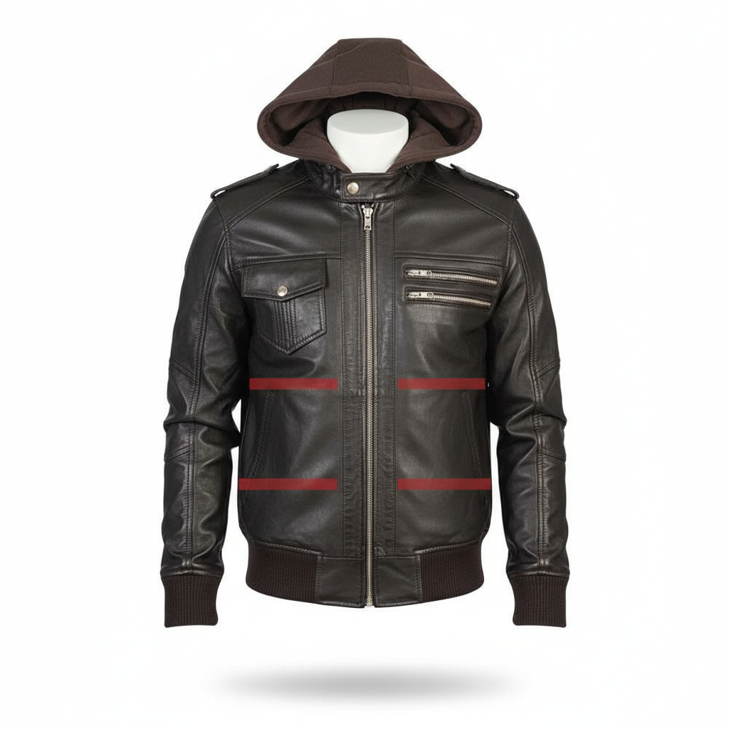 Black leather jacket with red stripes on a white background