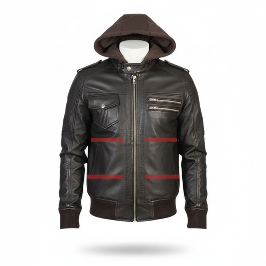 Black leather jacket with red stripes on a white background