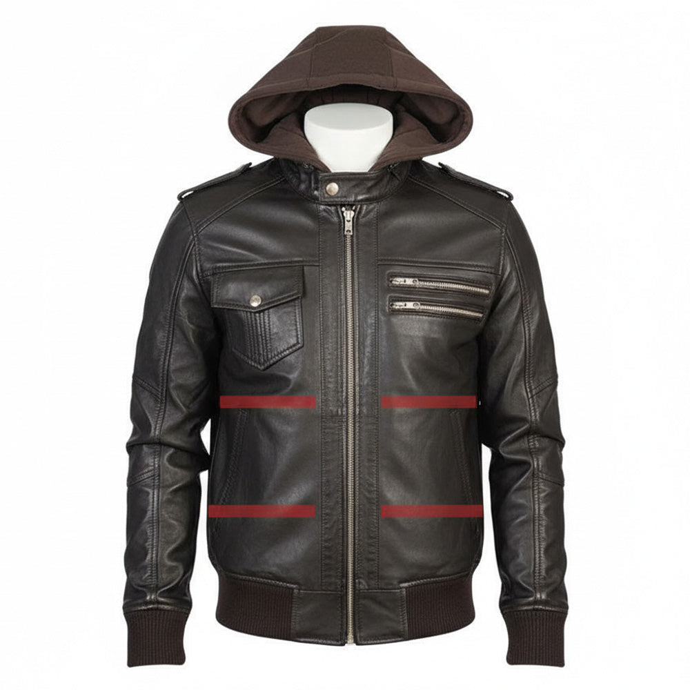 Black leather jacket with red stripes on a white background