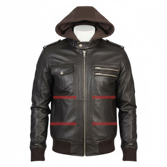 Black leather jacket with red stripes on a white background