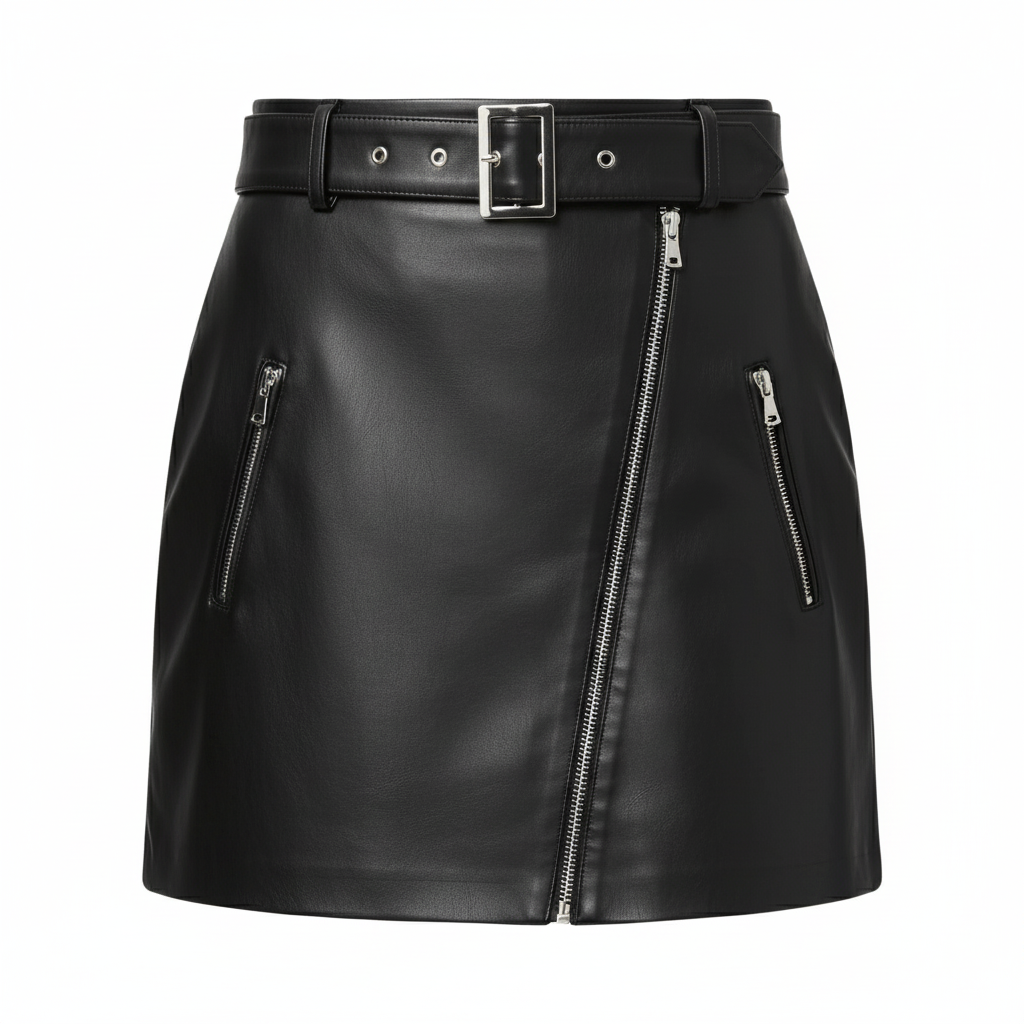 Black leather skirt with zippers and a belt on a white background