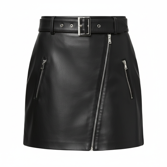Black leather skirt with zippers and a belt on a white background