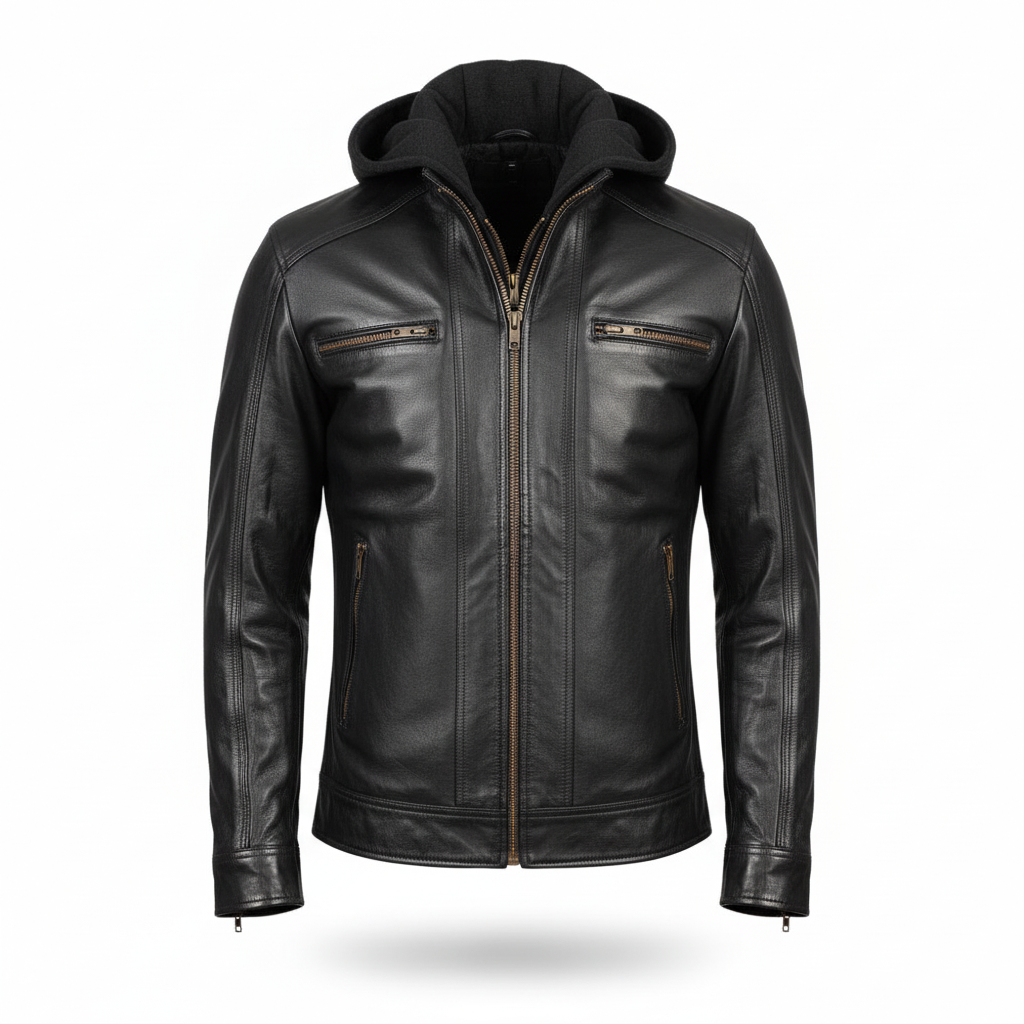 Black leather jacket with a hood on a white background