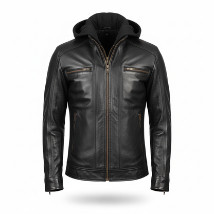 Black leather jacket with a hood on a white background