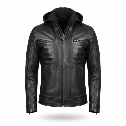 Black leather jacket with a hood on a white background