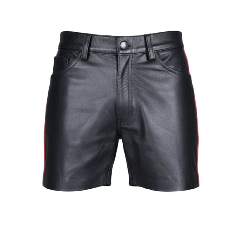 Black leather shorts with red trim on a white background