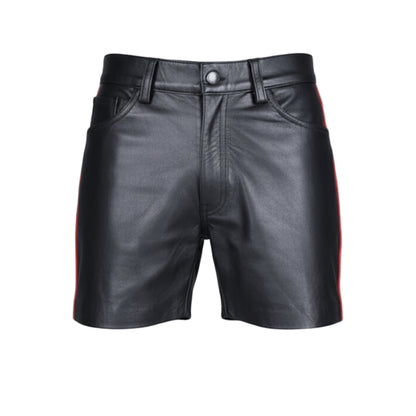 Black leather shorts with red trim on a white background