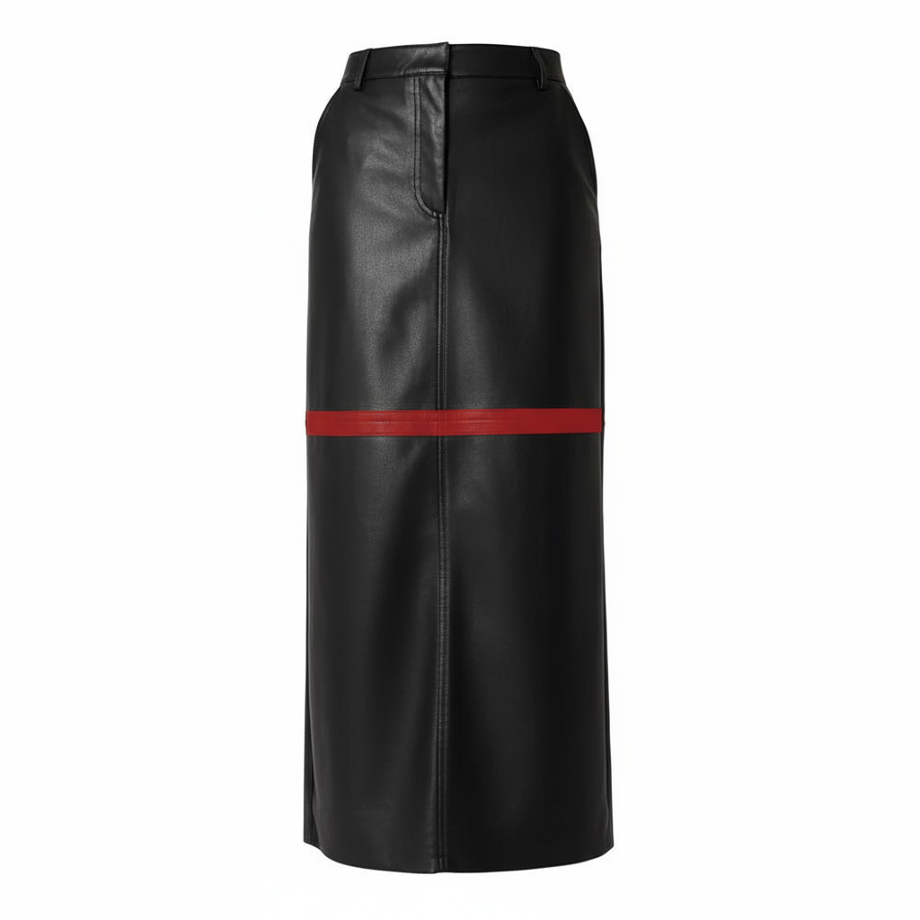 Black leather skirt with a red stripe on a white background