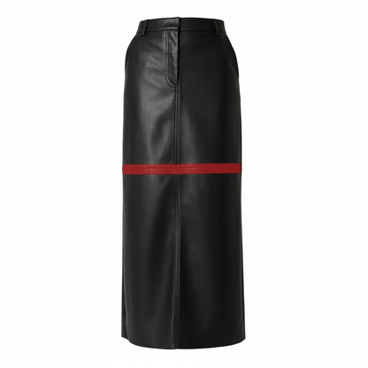 Black leather skirt with a red stripe on a white background