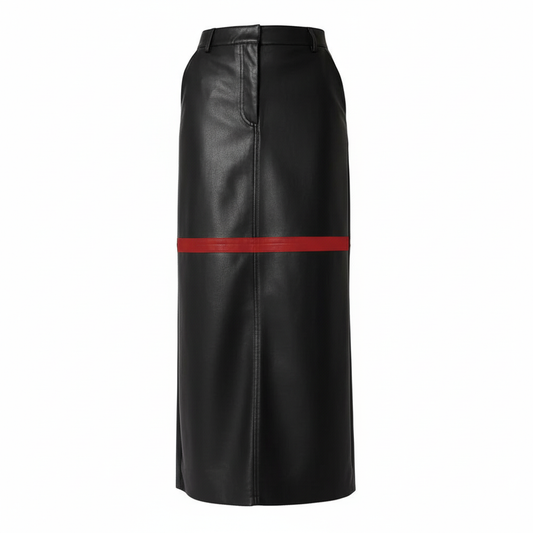Black leather skirt with a red stripe on a white background