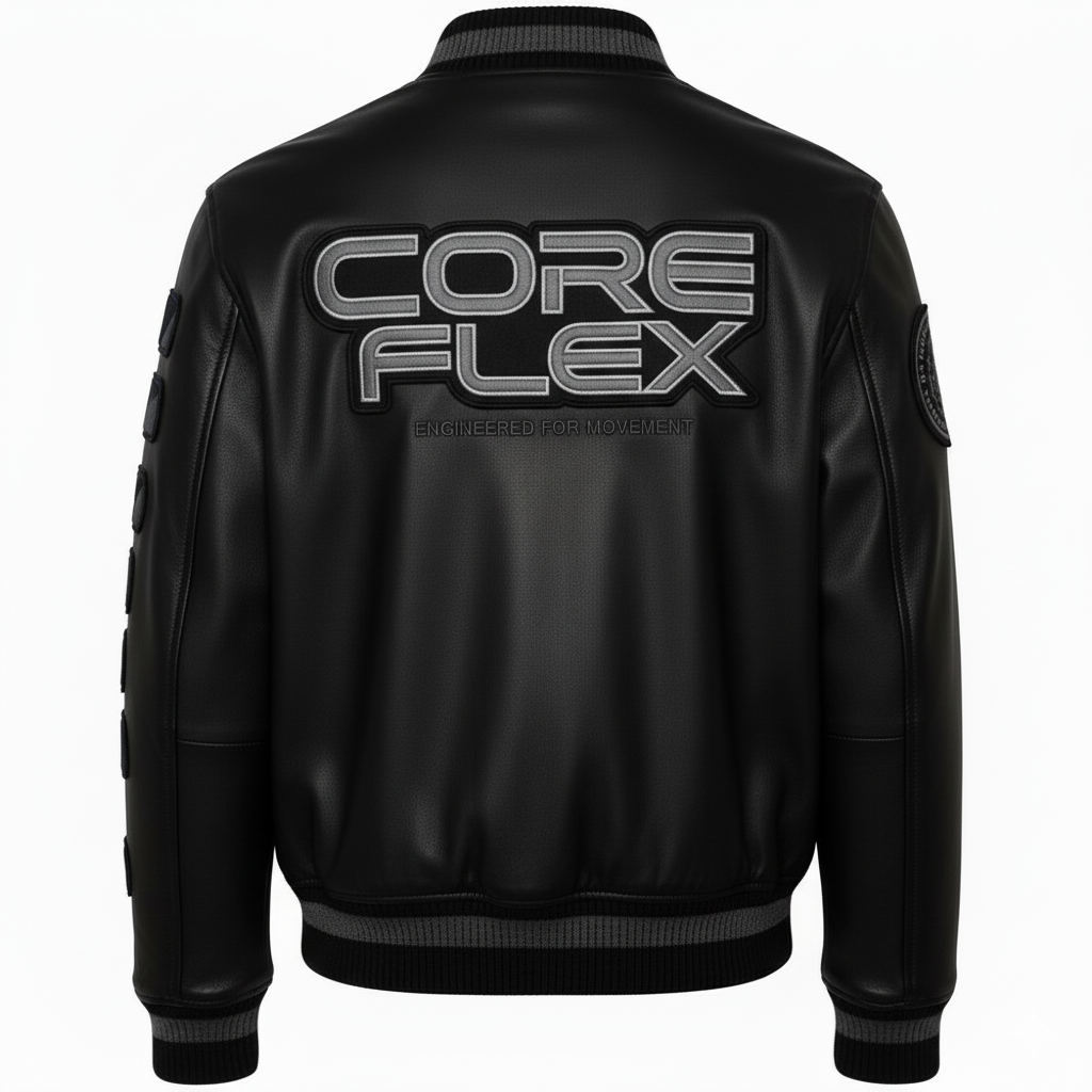 Black leather jacket with 'CORE FLEX' branding on the back against a white background