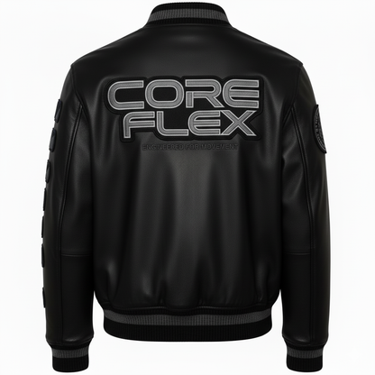 Black leather jacket with 'CORE FLEX' branding on the back against a white background