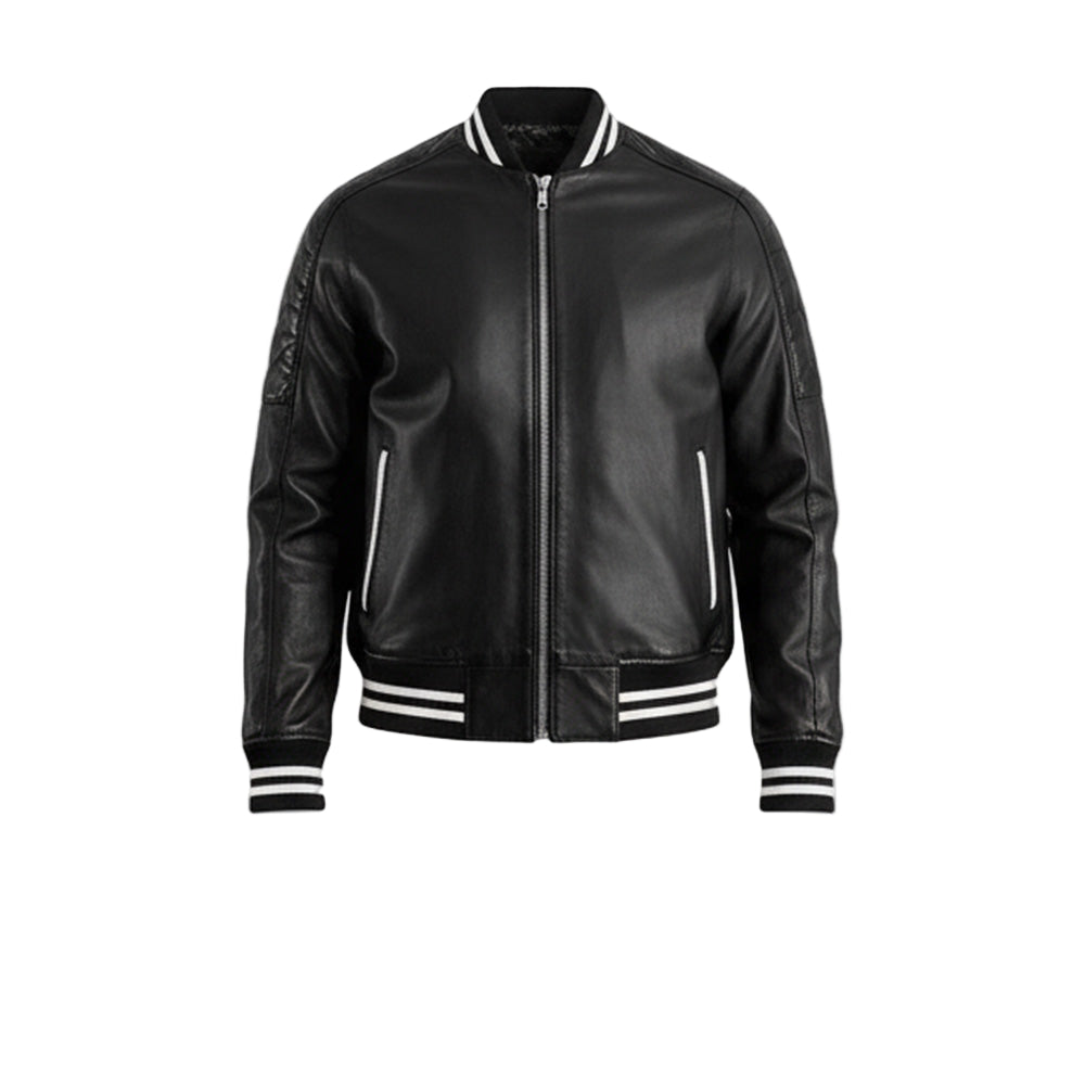 Black leather jacket with white accents on a white background