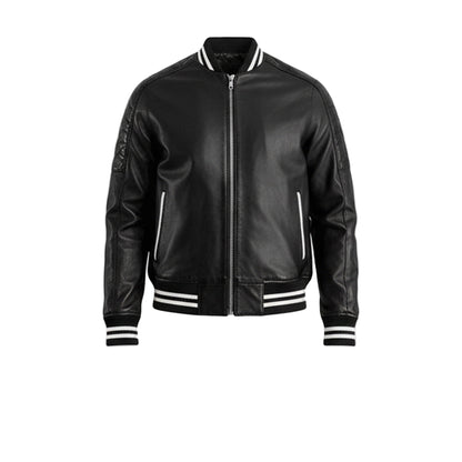 Black leather jacket with white accents on a white background