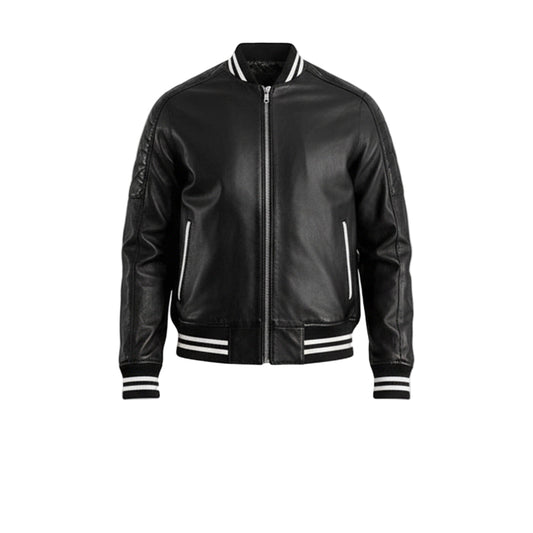 Black leather jacket with white accents on a white background