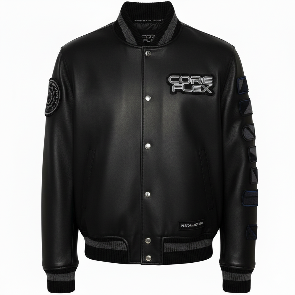 Black jacket with 'Core Flex' branding on a white background
