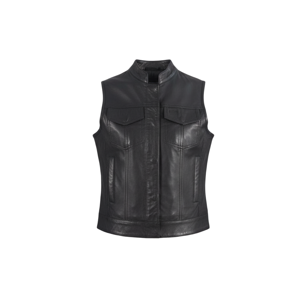 Black leather vest on a light gray background