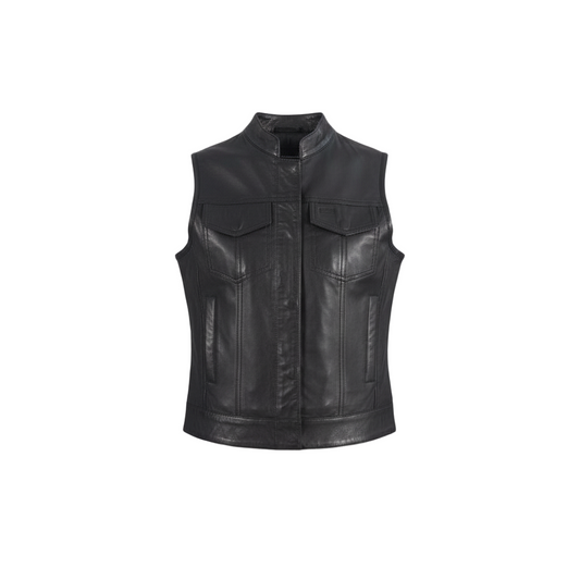 Black leather vest on a light gray background