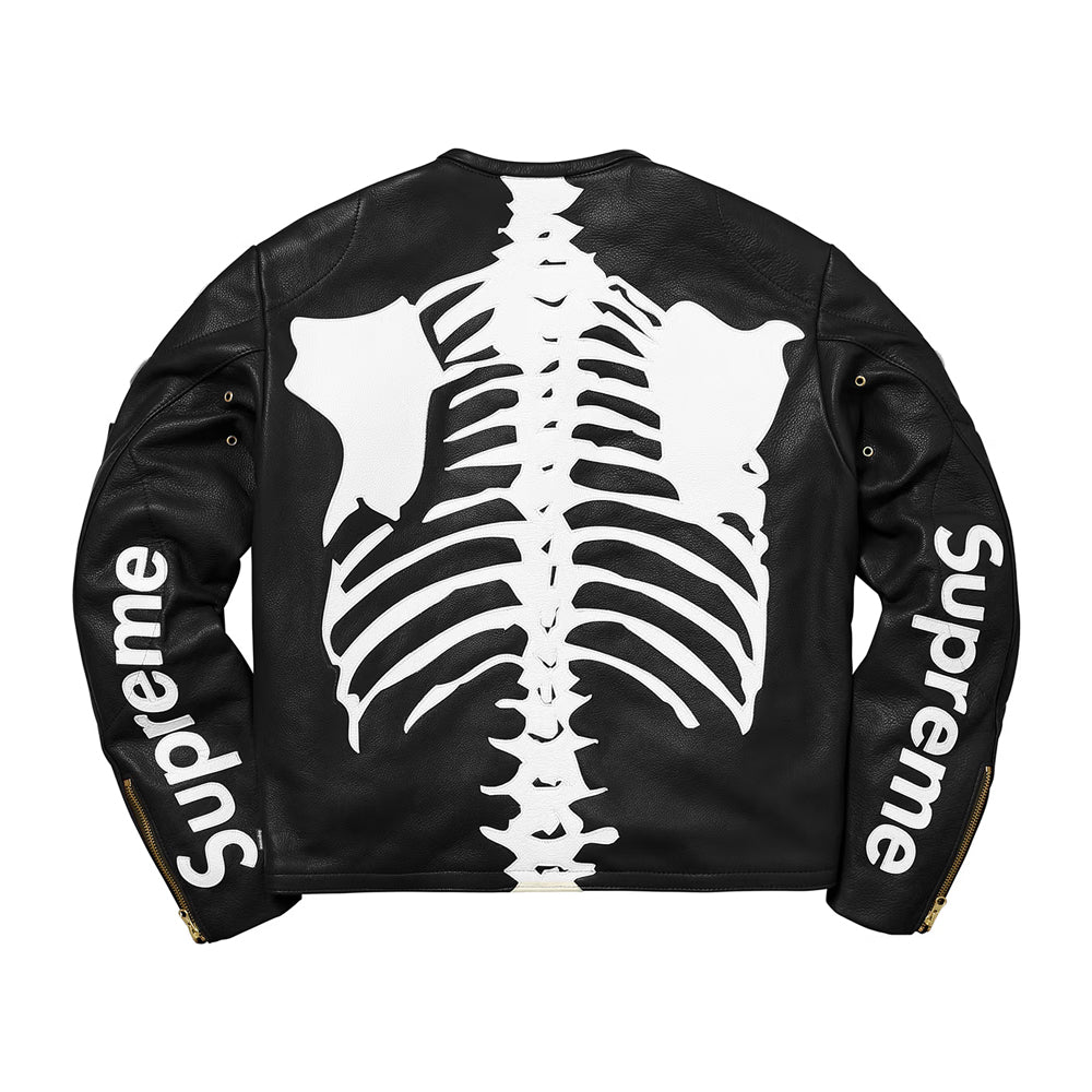 A black leather jacket shown from the back, featuring a large white skeleton ribcage graphic across the center and the word 'Supreme' printed in white along both sleeves.