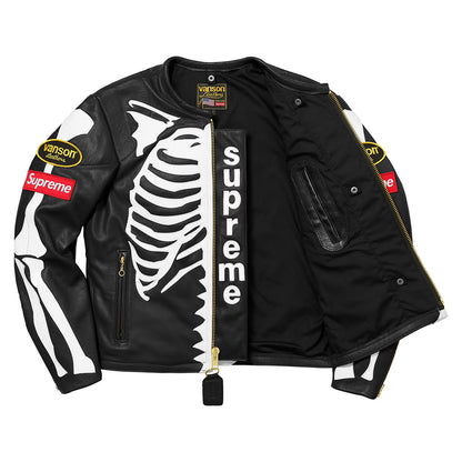 A black leather bomber jacket featuring a white skeleton ribcage graphic on the front, a vertical 'Supreme' text patch on the zipper pull, and 'Versace' and 'Boxset' patches on the sleeves, displayed against a solid white background.
